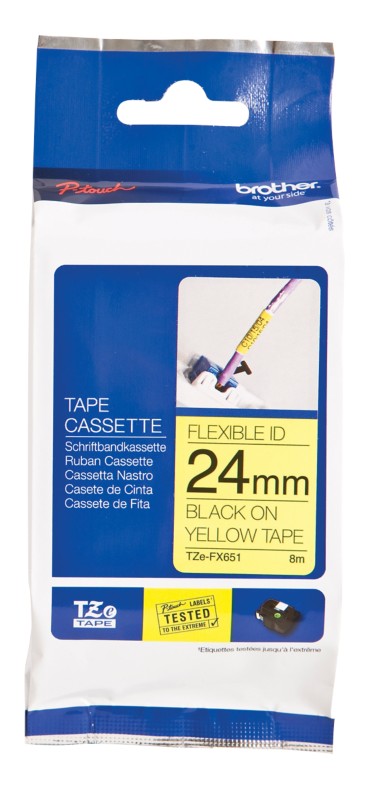 Brother TZe-FX651 Authentic Flexibles Schriftband Selbstklebend Schwarzer Druck auf Gelb 24 mm x 8m