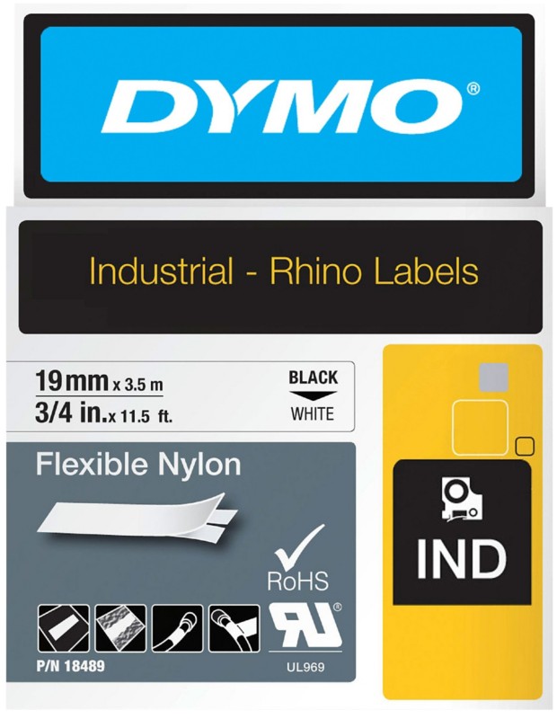 Dymo IND S0718120 / 18489 Authentic Rhino Flexibles Nylon Schriftband Selbstklebend Schwarzer Druck auf Weiß 19 mm x 3.5...