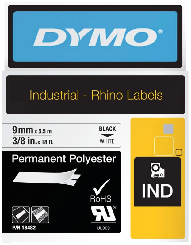 Thumbnail - DYMO IND S0718240 Rhino Polyester Schriftband Selbsthaftend Schwarz auf Weiß 9 mm (B) x 5,5 m (L)