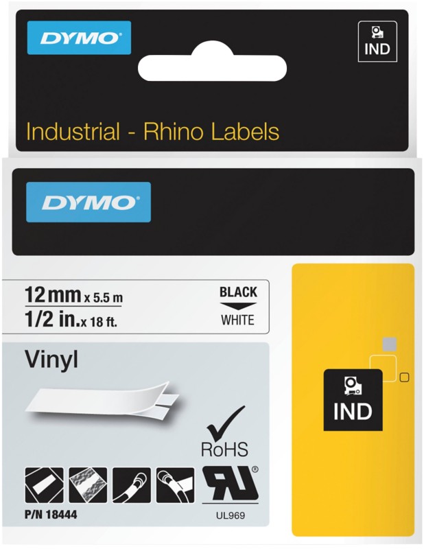 Thumbnail - Dymo IND S0718600 / 18444 Authentic Rhino Vinyl Schriftband Selbstklebend Schwarzer Druck auf Weiß 12 mm x 5.5m
