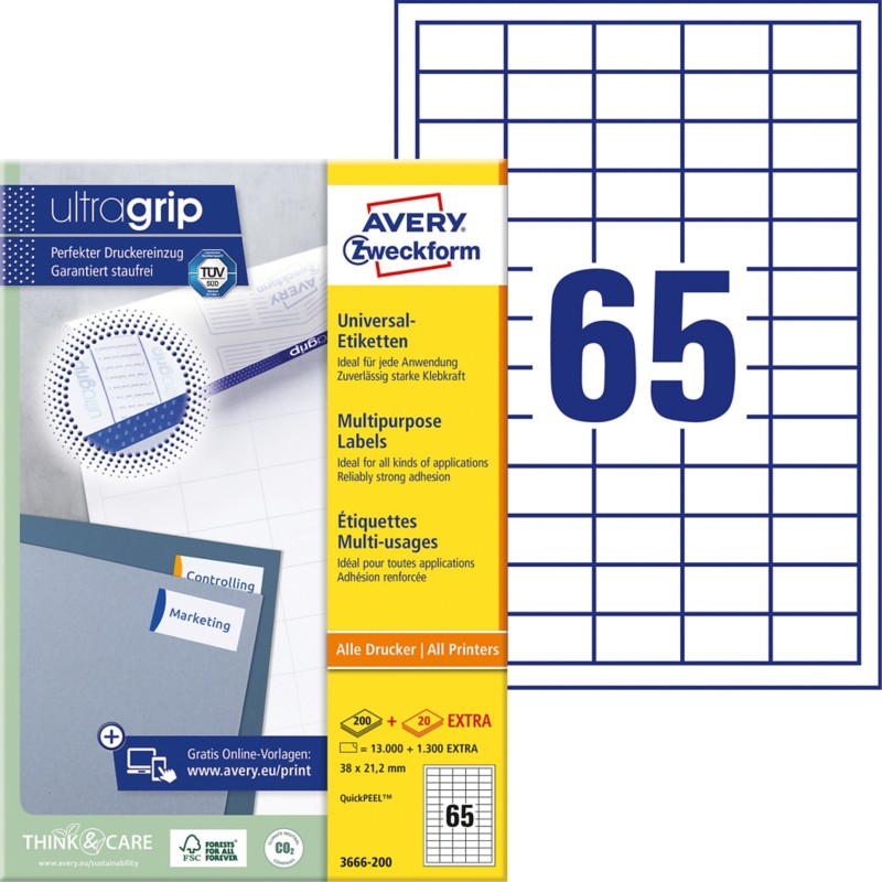 AVERY Zweckform Abziehhilfe QuickPEEL,ultragrip Universaletiketten 3666-200 Selbsthaftend DIN A4 Weiß 3,8 x 2,12 cm 200 ...