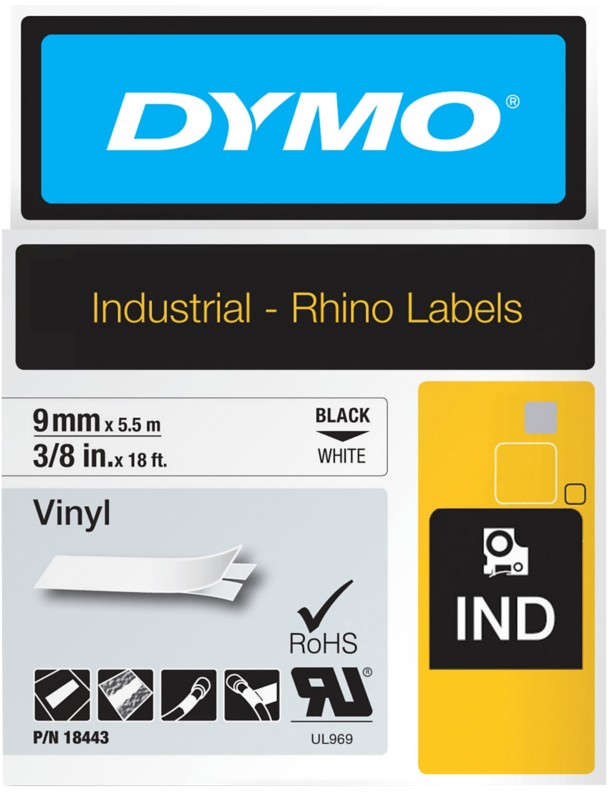 Thumbnail - DYMO Schriftband RHINO 18443 Vinyl Schwarz auf Weiß 9 mm x 5,5 m