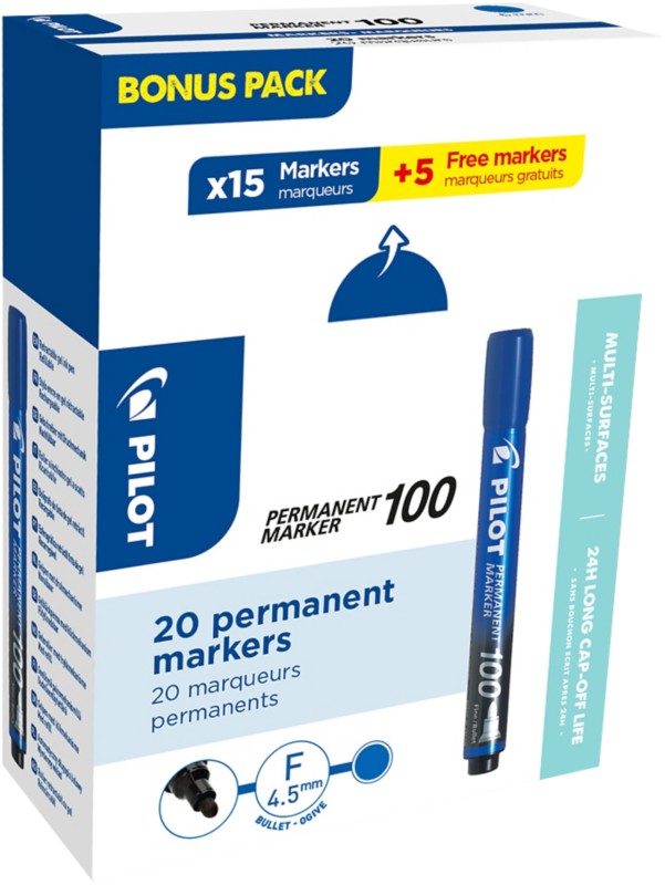 Pilot 100 Permanentmarker Fein Rundspitze 1 mm Blau 20 Stück