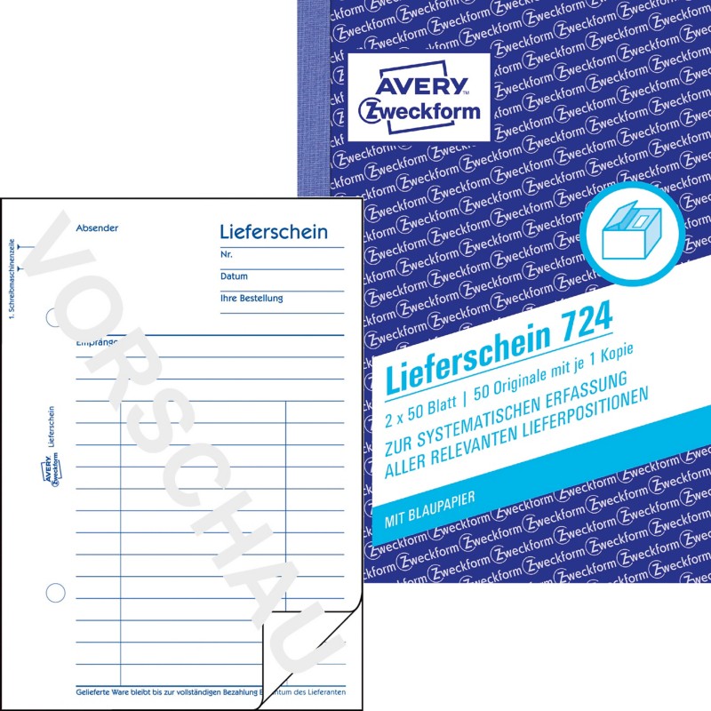 Avery Zweckform Lieferscheine/724, weiß, Bl, DIN A6 hoch, Inh. 2 x 50 Blatt