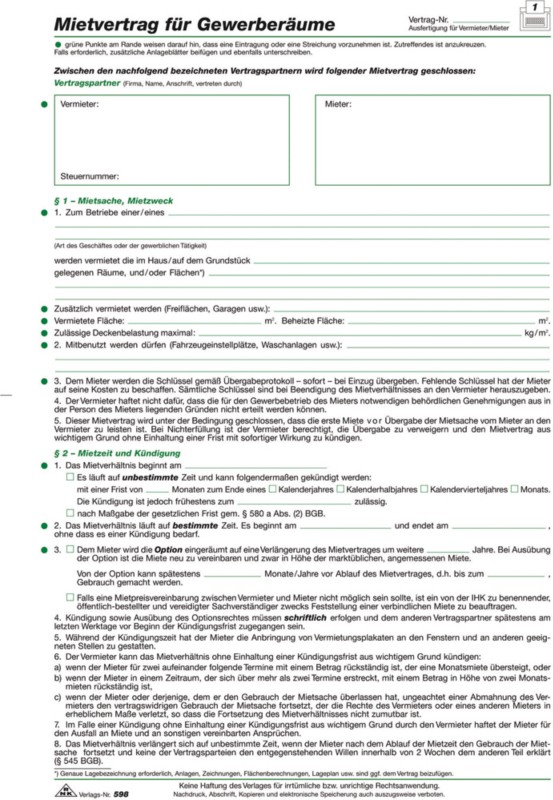 Rnk Gewerberaum-Mietvertrag/598/10, 4-seitig, DIN A4, Inh. 10 Stück