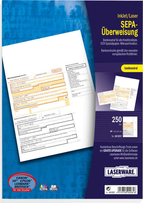 Laserware Bankformulare SEPA-Überweisung Bankneutral Weiß 250 Blatt