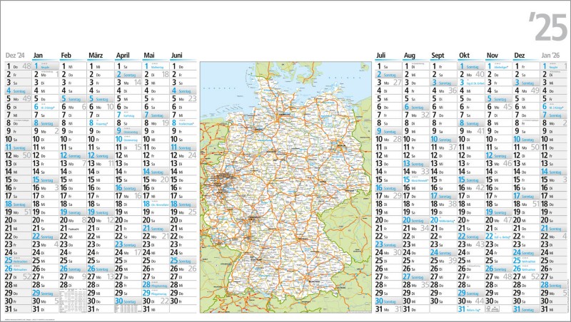 Bühner Wandplaner 2025, 3 Monate pro Seite, gemischt Deutsch, Englisch, Französisch