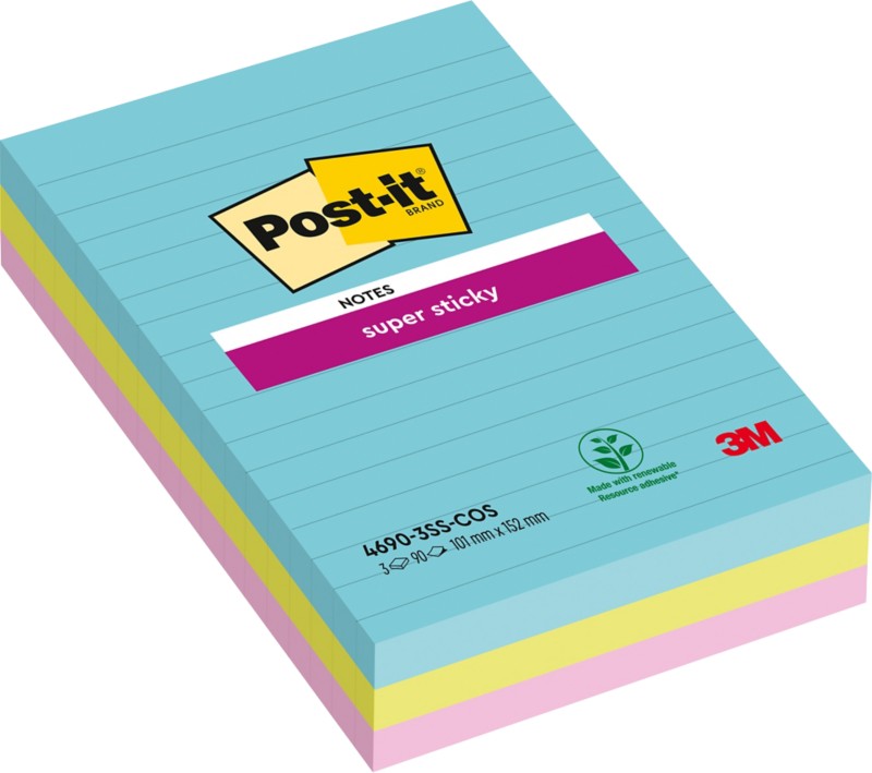 Post-it Miami Haftnotizen 101 x 152 mm Farbig sortiert Rechteckig Liniert 3 Stück à 90 Blatt