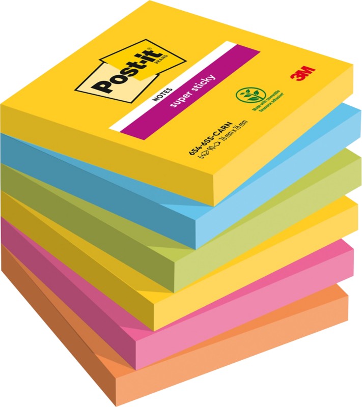 Post-it Carnival Super Sticky Haftnotizen 76 x 76 mm Farbig Sortiert Quadratisch 6 Stück à 90 Blatt