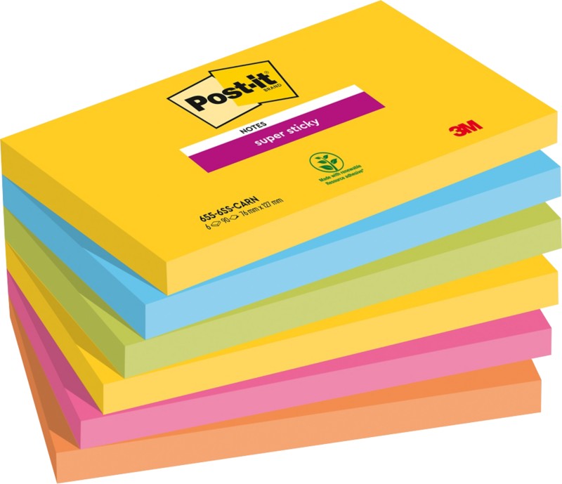 Post-it Carnival Super Sticky Haftnotizen 127 x 76 mm Farbig Sortiert Rechteckig 6 Stück à 90 Blatt