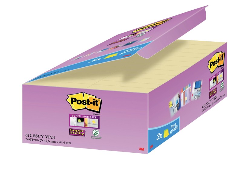 Post-it Super Sticky Notes Haftnotizen 47,6 x 47,6 mm Gelb 90 Blatt Vorteilspack 21 Blöcke + 3 GRATIS