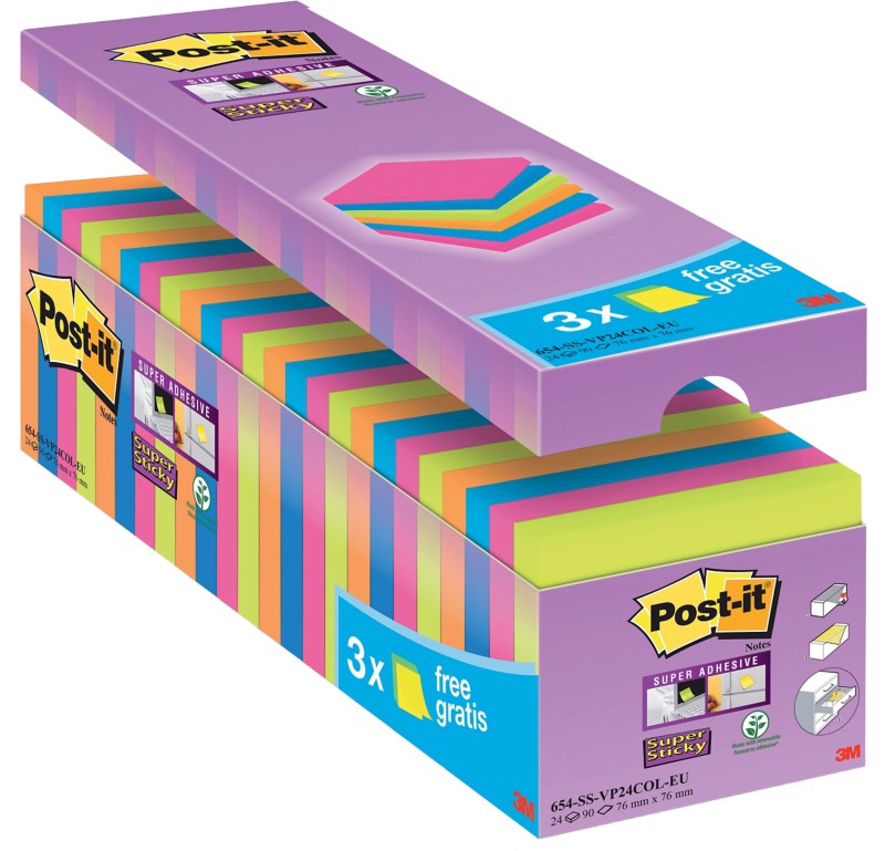 Post-it Super Sticky Notes Haftnotizen 76 x 76 mm Farbig sortiert 90 Blatt Vorteilspack 21 Blöcke + 3 GRATIS