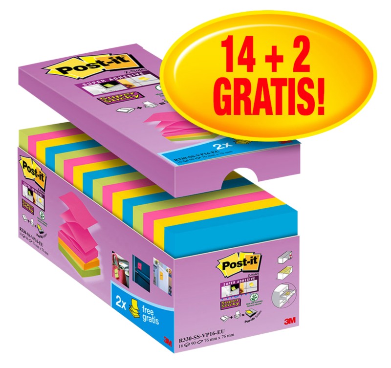 Post-it Super Sticky Z-Notes Haftnotizen 76 x 76 mm Farbig sortiert 90 Blatt 14 Blöcke + 2 GRATIS