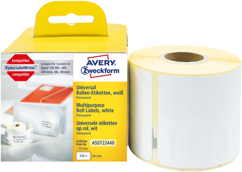 AVERY Zweckform Universaletiketten AS0722440 Selbsthaftend Weiß 54 x 70 mm 1 Rolle à 320 Etiketten