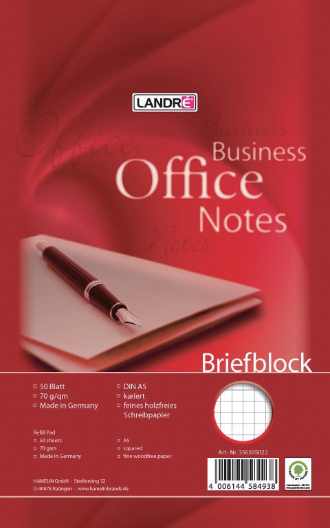 LANDRÉ Briefblock Business Office Notes Weiß Kariert Ungelocht DIN A5 14,8 x 21 cm 50 Blatt