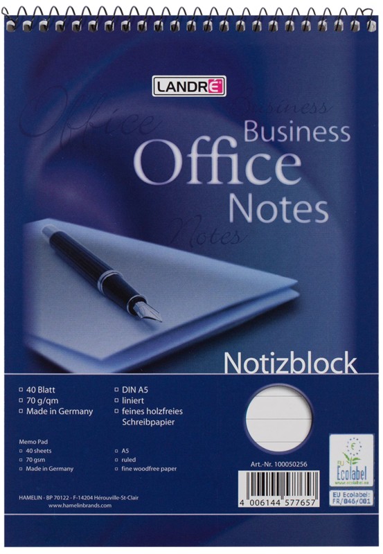 LANDRÉ Office Notizblock DIN A5 Liniert Spiralbindung Karton Blau Perforiert 80 Seiten