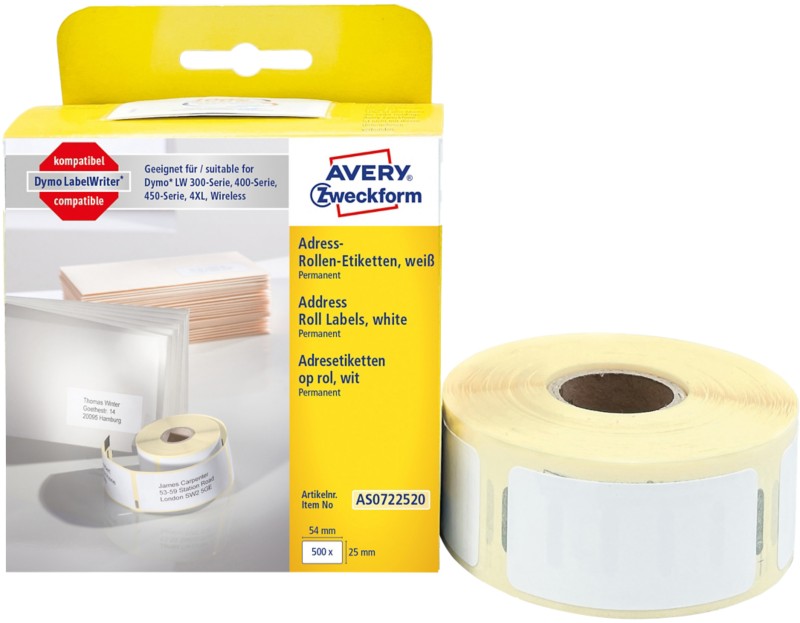 AVERY Zweckform Adressetiketten AS0722520 Selbsthaftend Schwarz auf Weiß 25 x 54 mm Thermal 1 Rolle à 500 Etiketten