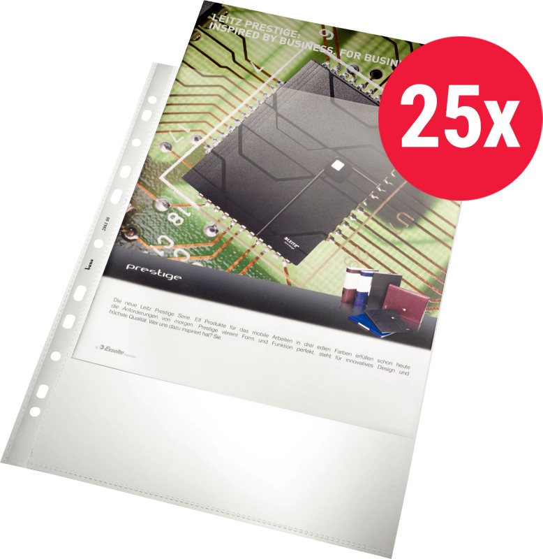 Thumbnail - Bene Prospekthüllen DIN A4 Glasklar Transparent 140 Mikron PP (Polypropylen) Öffnung oben 11 Löcher 25 Stück