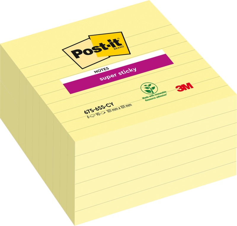 Post-it Haftnotizen 101 x 101 mm Kanariengelb Quadratisch Liniert 6 Stück à 90 Blatt