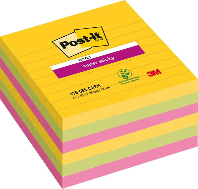Post-it Rio Haftnotizen 101 x 101 mm Farbig sortiert Quadratisch Liniert 6 Stück à 90 Blatt
