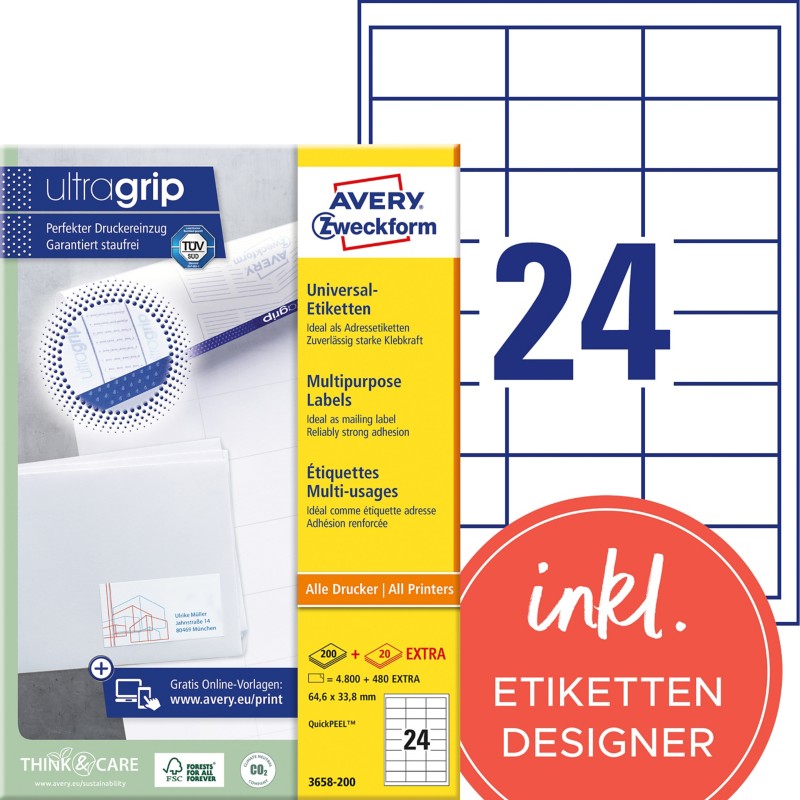 AVERY Zweckform Abziehhilfe QuickPEEL,ultragrip Universaletiketten 3658-200 Selbsthaftend DIN A4 Weiß 64,6 x 33,8 mm 220...