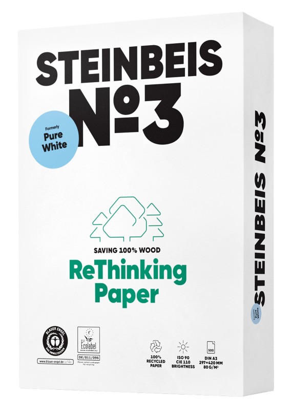 Steinbeis Pure No.3 DIN A3 Druckerpapier 100% Recycelt 80 g/m² Glatt Weiß 500 Blatt