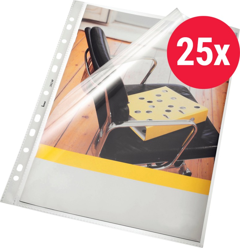 Thumbnail - Bene Prospekthüllen DIN A4 Glasklar Transparent 140 Mikron PP (Polypropylen) Öffnung oben und links 11 Löcher 25 Stück
