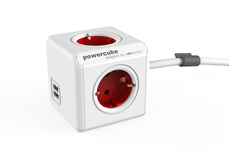 Allocacoc PowerCube Power Extension mit 4 Kontakten und 2 USB-A 1,5 m, weiß, rot