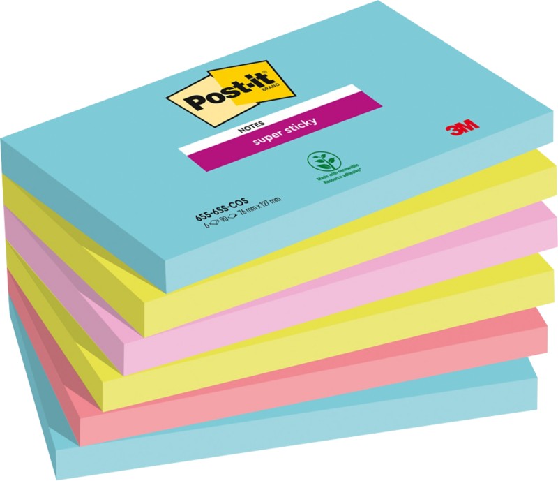 Post-it Miami Super Sticky Haftnotizen 127 x 76 mm Farbig Sortiert Rechteckig 6 Stück à 90 Blatt