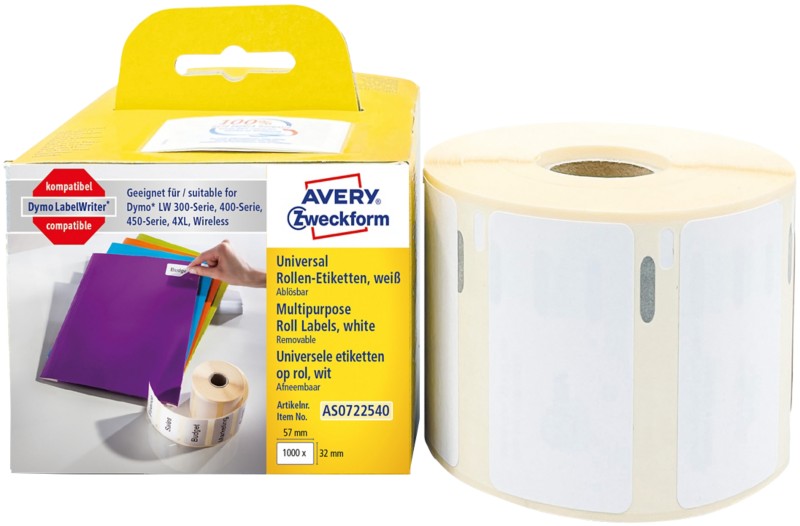 AVERY Zweckform Universaletiketten Kompatibel AS0722540 Selbsthaftend Weiß 32 x 57 mm Thermal 1 Rolle à 1000 Etiketten