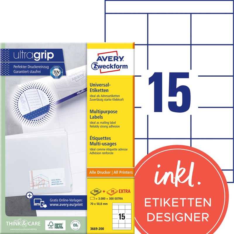 AVERY Zweckform ultragrip Laser Universaletiketten 3669-200 Selbsthaftend DIN A4 Weiß 70 x 50,8 mm 220 Blatt à 15 Etiket...