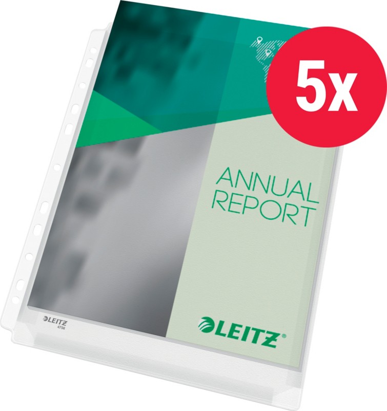 Thumbnail - Leitz Premium Prospekthüllen DIN A4 Genarbt Transparent 170 Mikron PVC (Polyvinylchlorid) Oben 11 Löcher 47563003 5 Stüc...