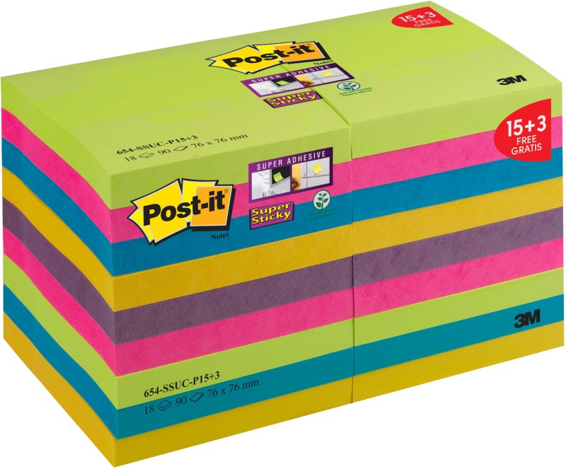 Notes Post-it Super Sticky 76 x 76 mm Assortiment de couleurs 18 Blocs de 90 Feuilles Pack avantage 15 + 3 GRATUITS