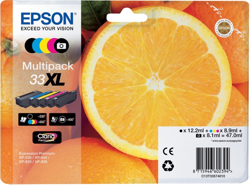 Epson 33XL Original Ink Cartridge C13T33574011 Black, Cyan,Magenta, Yellow Multipack Pack of 4