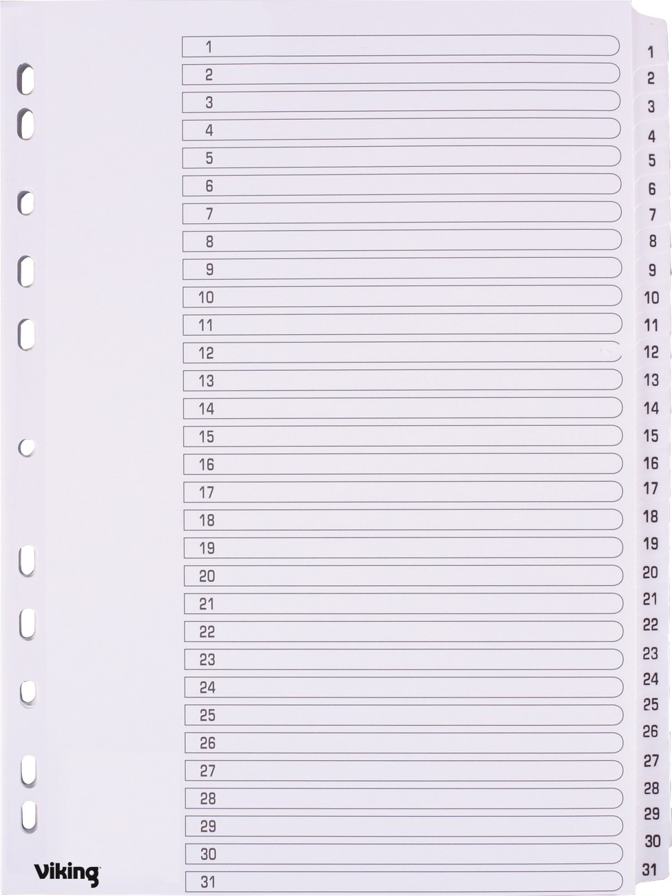 NUMERICAL INDEX WHITE A4 VIKING 1-31 MYLAR TABS 11-HOLE PUNCHED BOARD 170 GSM